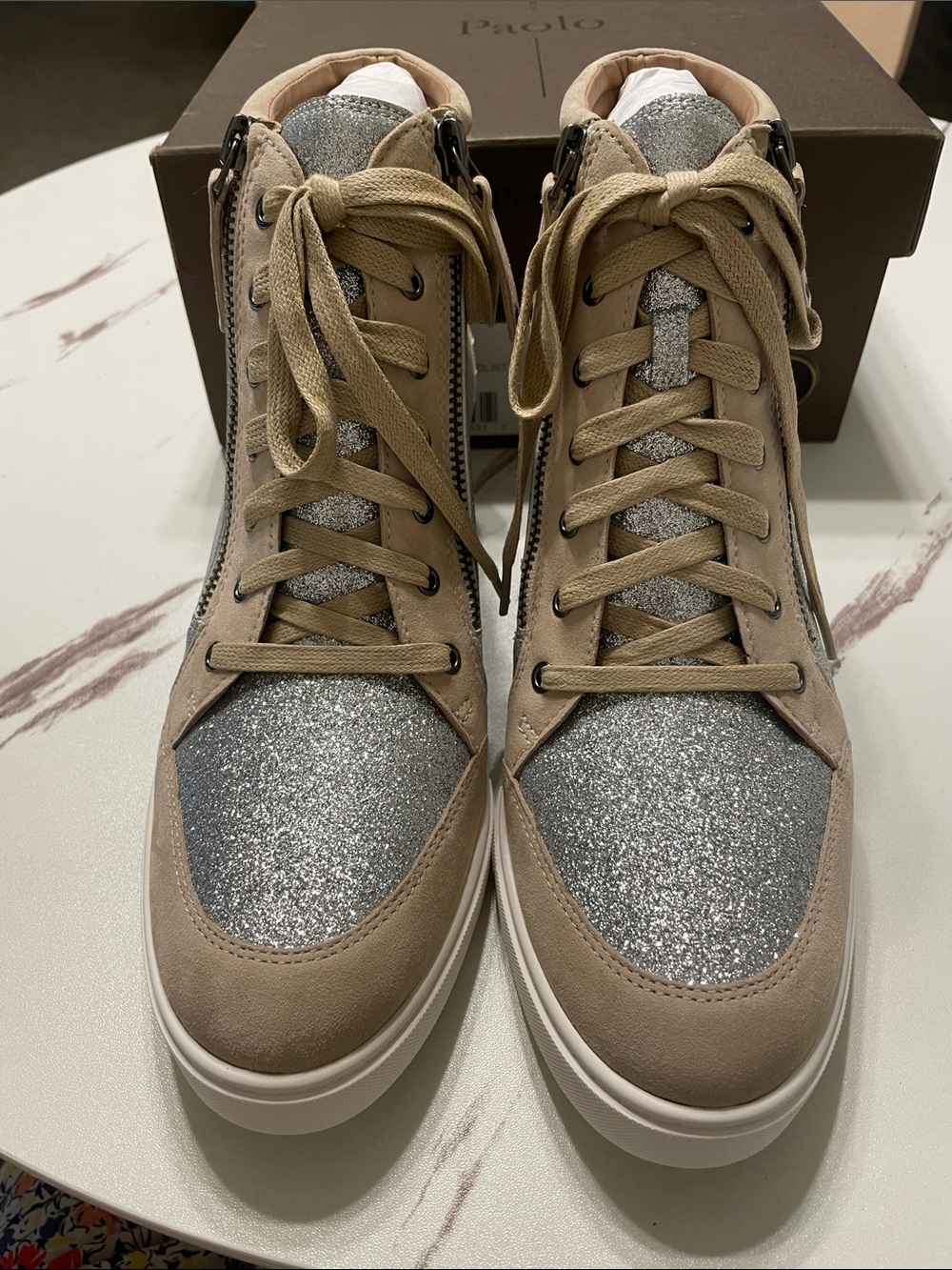 Paolo Taupe High-Top Sneakers with Silver Glitter Panels